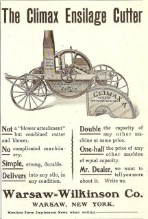 1902 WARSAW WILKINSON CLIMAX ENSILAGE CUTTER AD WARSAW NY NEW YORK