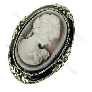   Victorian Design Queen Lady Cameo Black Enamel Bronze Brooch Pin