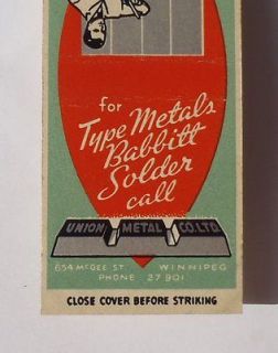 1940s Matchbook Excise Tax Union Metal Co. Babbitt Solder Winnipeg MB 