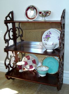 ANTIQUE Mirror & Wood Cup/Plate Holder~3 SHELVES~SCROLL​ED TRIM 