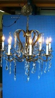 ANTIQUE LEADED GLASS CRYSTAL AND BRASS CHANDELIER 8 MAJOR ARMS MADE IN 