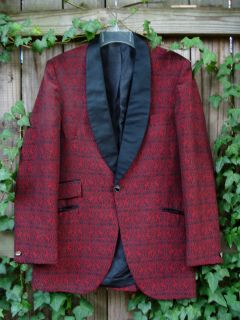 Vtg 70s red black lions brocade blazer formal smoking dinner jacket 