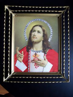 ANTIQUE VINTAGE JESUS SACRED HEART LITHOGAPH PICTURE ORNATE GILT METAL 