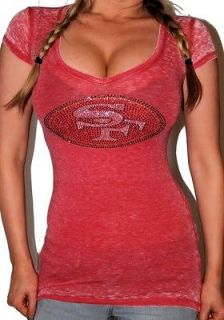 RED SAN FRANCISCO 49ERS RHINESTONE BLING STRETCH BURNT OUT T SHIRT TOP 