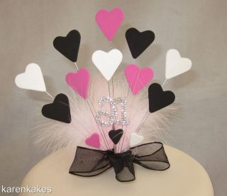 HOT PINK, BLACK & WHITE HEART CAKE TOPPER WITH DIAMANTE AGE 21st 30th 