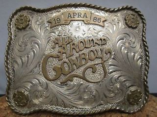   STERLING SILVER OVERLAY RODEO TROPHY BUCKLE ALL AROUND COWBOY APRA 86