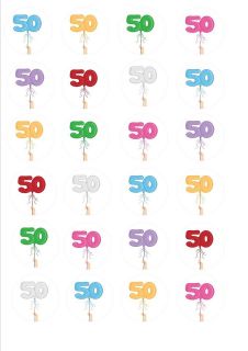 24 X 50TH BIRTHDAY BALLOON EDIBLE CUP CAKE TOPPERS NM4