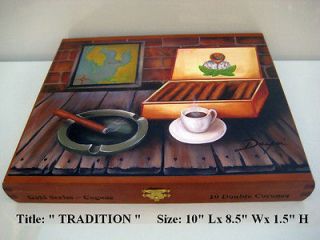 Reduced Price  Vintage Cigar Box w/ Cuban Oil Painting on Top 