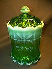 Vintage Green Opalescent Glass Cherry and Cable Cookie/ Cracker Jar By 