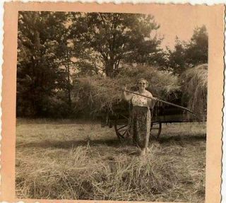 Old Vintage Antique Photograph Woman With Pitch Fork Baling Hay on 