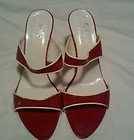   Red White Trim Patent Leather Open Toe Slide Heels Pumps Shoes Sz 8