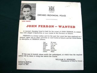   Race Track Jockey 1951 Canada Ontario Provincial Police Wanted Posting