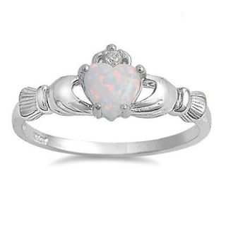 Sterling Silver Claddagh ring White Opal size 4 5 6 7 8 9 CZ Fire 