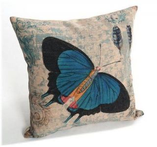 Vintage Blue Butterfly Retro Decorative Pillowcase Cushion Cover Linen 