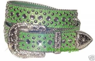 Women Western Rhinestone Bling Crystal Stud Buckle Green Leather Belt 