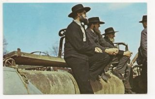 LANCASTER PA Amish Men Resting on Field Roller Vtg PC