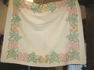 Vintage Tablecloth White With Gorgeous Embroidered Pink Orange 
