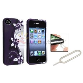 White/Purple Flower Rubber Hard Case+Sim Card Eject Pin For iPhone 4S 