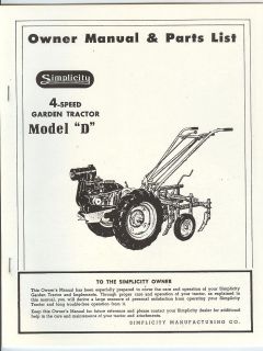 Simplicity Model D 4 Speed Garden Tractor Owners Manual and Parts List