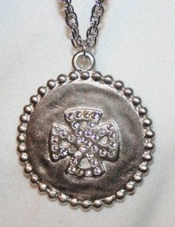   Matte Silver Crystal Rhinestone Maltese Cross Pendant Necklace