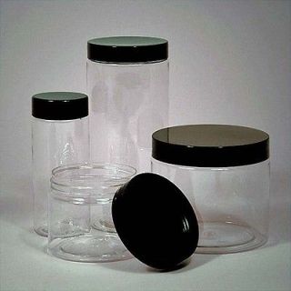 12 PET Plastic 2oz Empty Clear Containers Jars with Black Cap NEW