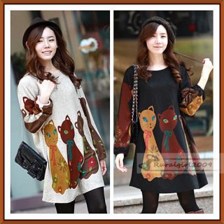 New Korea Lovely Three Cats Pattern Loose Style Plush Sheep Top Long 