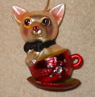 Blown Glass CHIHUAHUA IN TEACUP Christmas Ornament   NEW