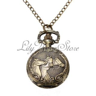   Bronze 3 Horse Engrave Quartz Pocket Watch Pendant Chain Necklace