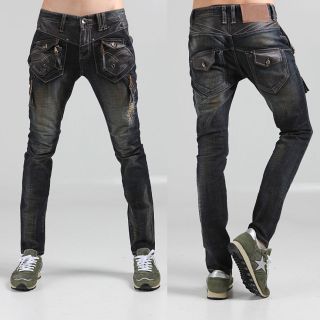   Fashion Slim Skinny Leather Pocket Zipper Denim Jeans Pants S,M,L