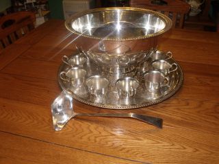 SILVER PLATED PUNCH BOWL, TRAY, CUPS AND LADEL BEAUTIFUL SET FREE 