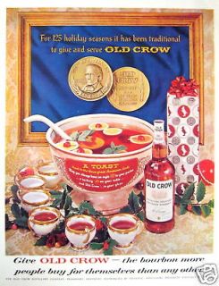 1961 Old Crow Bourbon Christmas Punch Bowl vtg print ad