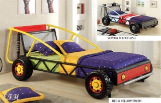   RED & YELLOW OR BLACK & SILVER FINISH METAL TWIN SIZE RACE CAR BED