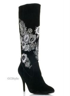 BEVERLY FELDMAN BLACK SUEDE LEATHER FEATHER EMBROIDERED TALL HIGH HEEL 