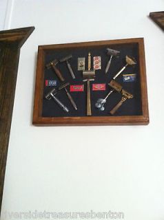   Antique vintage shaving razors & blades in wood glass display case