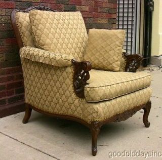 Antique 1930s Carved Wood Upholstered Comfy Comfortable Club Chair
