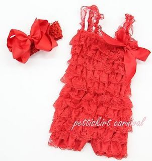   Girls Red Lace Petti Posh Rompers Straps Huge Bow Headband 2pc Set