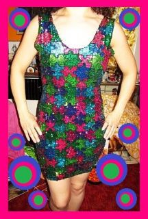 VINTAGE 80s spandex body con all over SEQUINS & BEADS sparkly party 