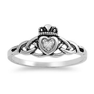 Sterling Silver Ring Size 10 CZ Claddagh Heart Irish Love Hand Promise 