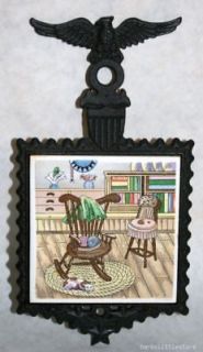Vintage Rocking Chair Cat Ceramic Tile Cast Iron Trivet