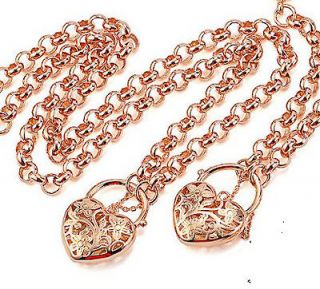 18K rose Gold filled solid belcher heart padlock bolt necklace/brace 