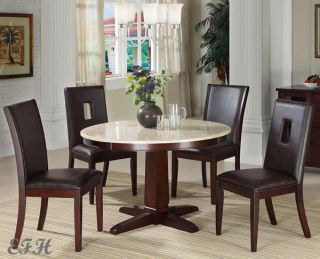   ALDEN ROUND CREAM FAUX MARBLE TOP CHERRY FINISH WOOD DINING TABLE SET