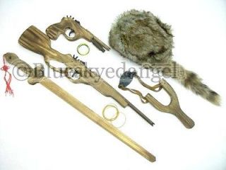 Toy Wooden Rubber Band Guns, SlingShot, Sword and Raccoon Hat Gift Set 