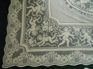 Lovely Vintage Figural Angel Cherub Lace Tablecloth 96 x 92 Ivory