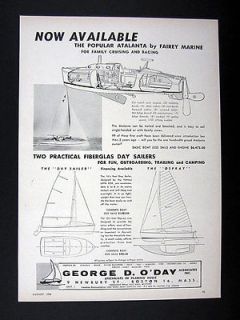   Day Fairey Marine Atalanta Day Sailer & Ospray Sailboats 1958 print Ad