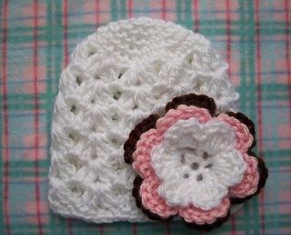 CHLOES Crochet Baby Girl Newborn 0 3m Hat Beanie White Pink Brown 