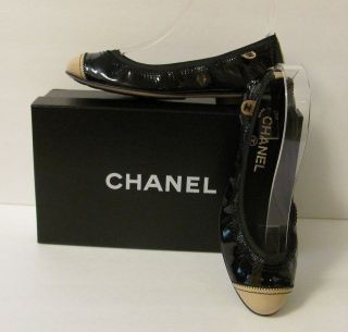 Chanel black tan brown spectator ballet flat shoe patent leather 37.5 