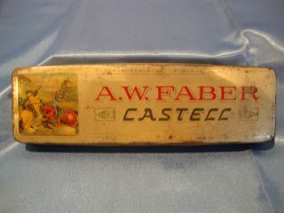 Antique Metal Pencil Box A.W.Faber Castell OLD Tin 7L x 2 Knights 