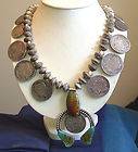   SILVER DOLLARS ETC, STERLING TURQUOISE SQUASH BLOSSOM NECKLACE