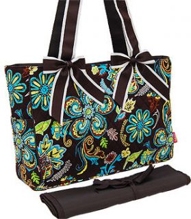 Brown Blue Green Floral Paisley Quilted Diaper Bag Changing Pad Tote 