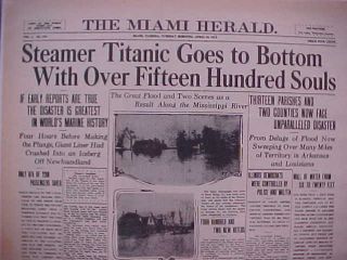VINTAGE NEWSPAPER HEADLINE ~STEAMER TITANIC SINKS SHIPWRECK AT BOTTOM 